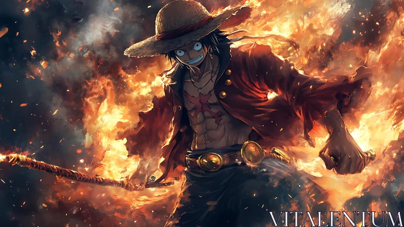 Straw hat warrior charges through roaring inferno blaze.