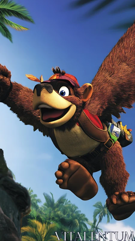 Sky-surfing jungle bear rockets over sunlit palm canopy