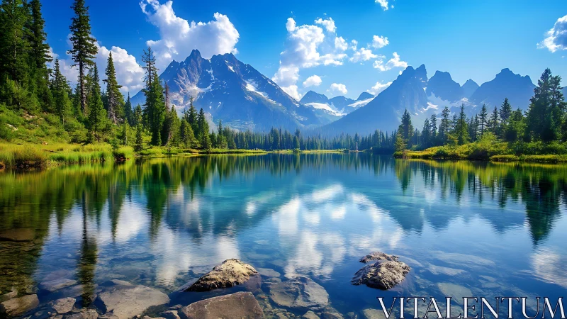 Photorealistic alpine lake reflection with glacial peak symmetry.