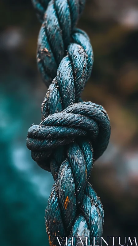 Close-up vertical view of weathered teal rope knot outdoors.