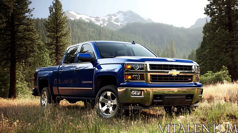 Mountain-blue pickup truck poised like a chrome trail sentinel.