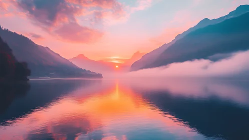 Sunrise over misty mountains reflects in tranquil lake waters.