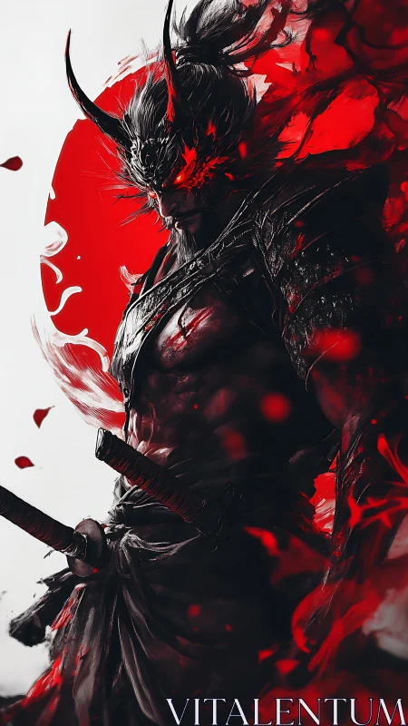 Demonic samurai warrior stands against a blazing red storm