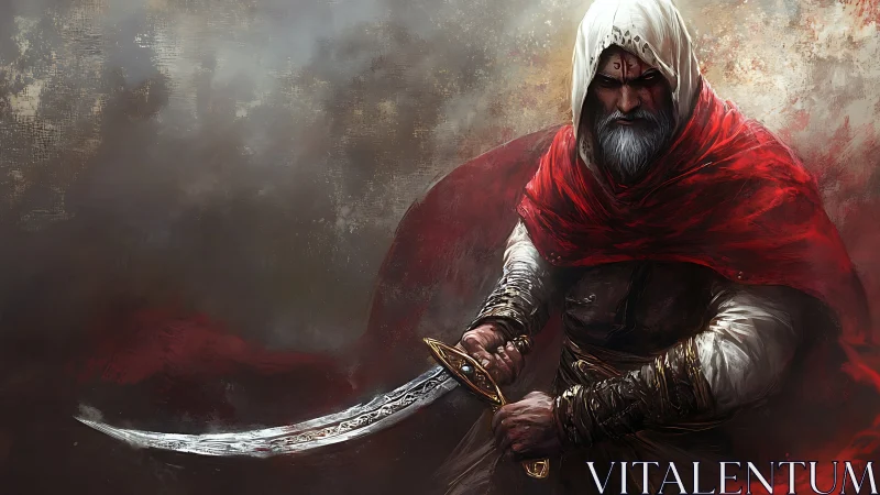 Hooded swordsman with curved blade in red cloak portrait.