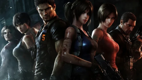 Armed squad of digital soldiers in dark urban backdrop.