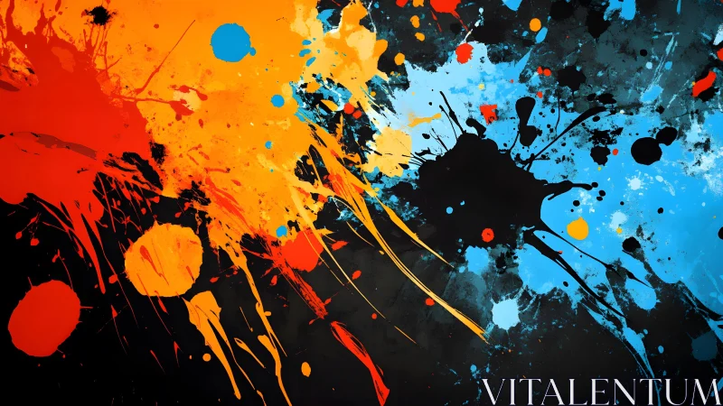 Vibrant Abstract Paint Splash Art in Orange and Blue Tones.