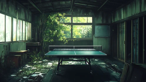 Table tennis table stands in deteriorated sunlit interior