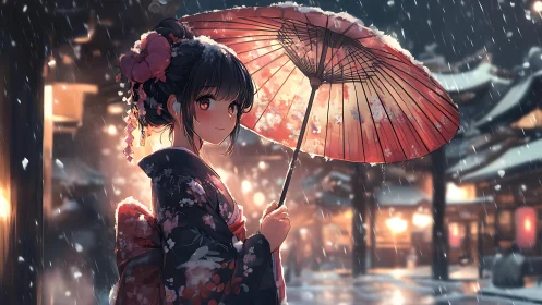 Girl in floral kimono under red umbrella in snowfall.