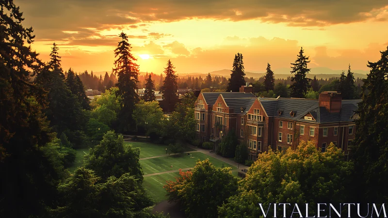 Sunlit college campus nestles within tranquil evergreen forestscape