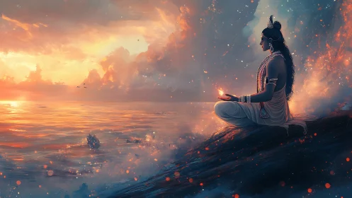 Figure meditates on rocky shore facing luminous ocean sunset