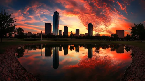 Panoramic skyline mirrored in a saturated sunset reflection