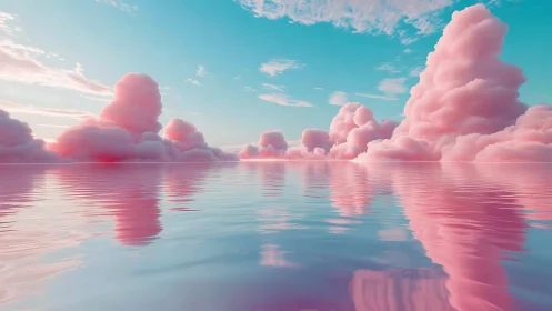 Dreamlike pink cloudscape mirrored on tranquil pastel sea.