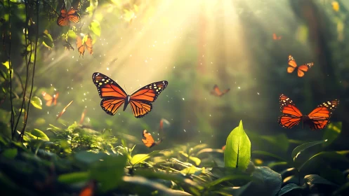 Monarch butterflies move through backlit forest undergrowth