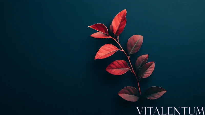 Diagonal red leaf stem contrasts against deep teal negative space