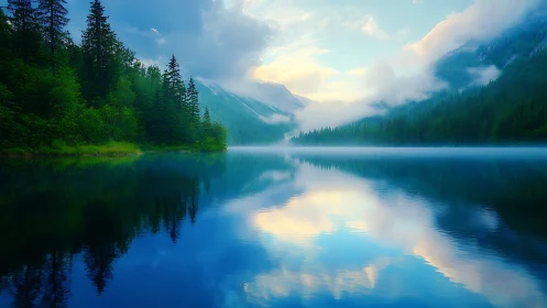Peaceful mountain lake wrapped in misty morning light.