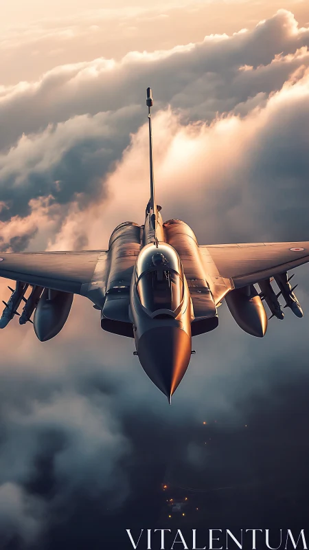 Modern jet fighter aircraft above clouds at sunset light.