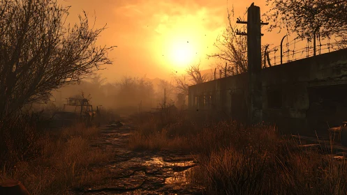 Deserted industrial path under low orange sunset light.