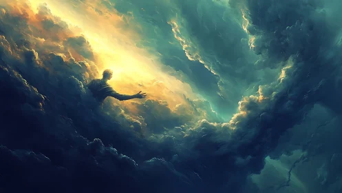 Storm-carved figure reaches through a glowing celestial rift