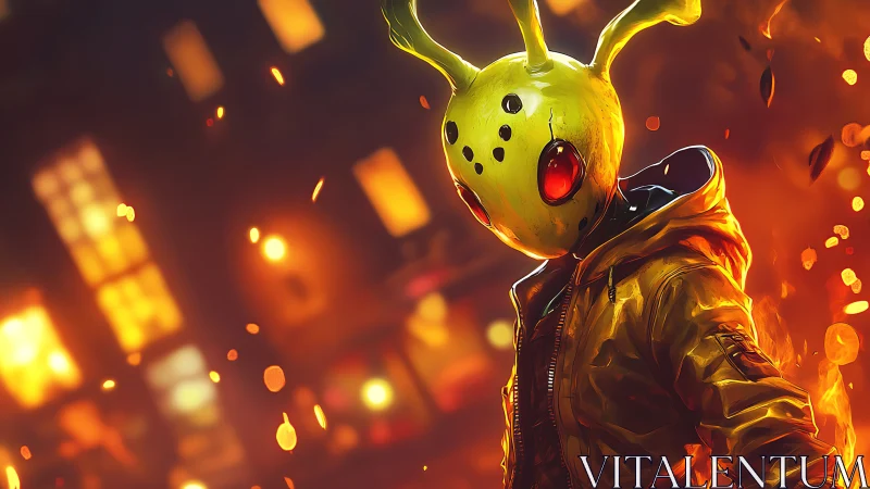 Hooded figure in yellow alien mask amid city fire glow.