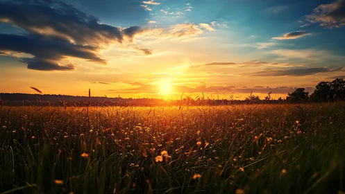 Sunset fire spills across a wildflower meadow horizon line.