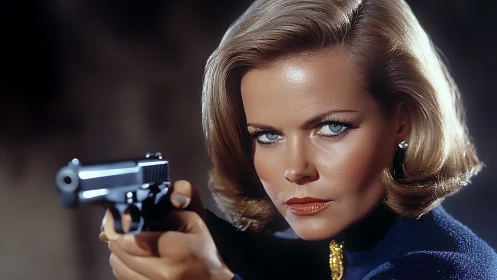 Glamorous woman aiming handgun in dramatic cinematic portrait.