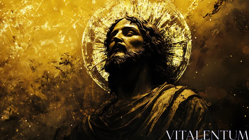 Golden haloed statue of bearded robed man in reverent pose.