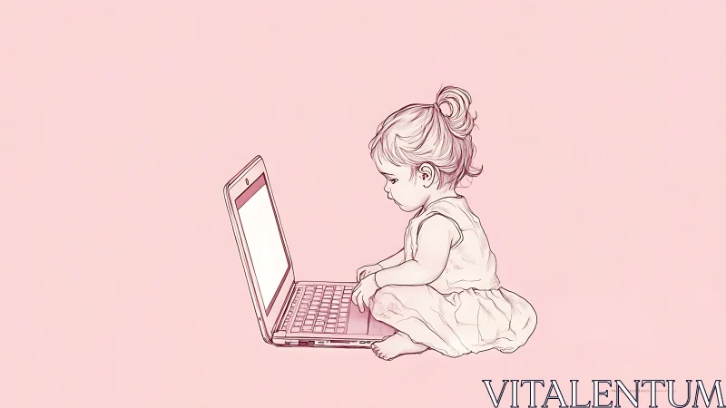 Minimalist line art toddler using laptop on pastel pink background.