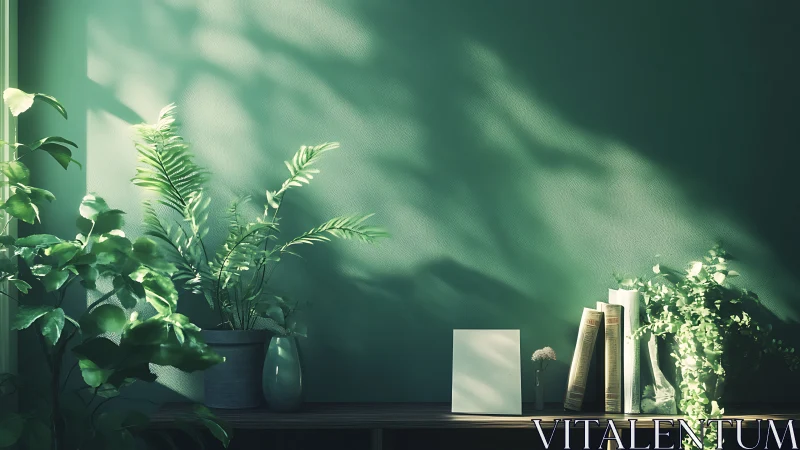 Sunlit leaves quietly rehearse their shadows on green walls