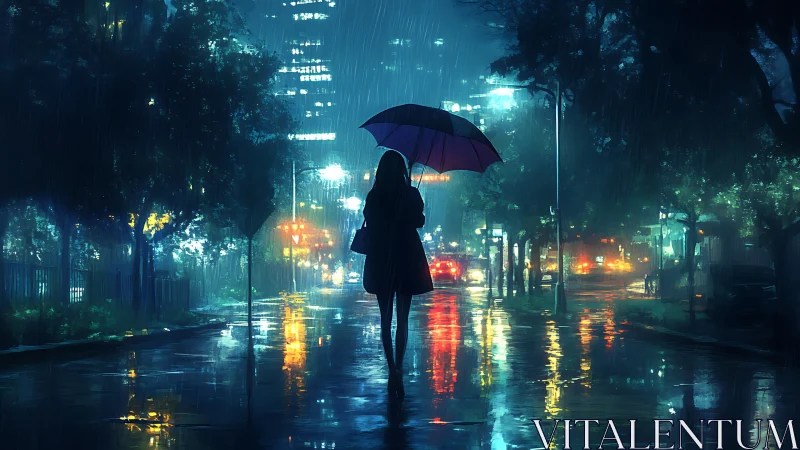 Solitary figure with umbrella in neon lit rainy night street