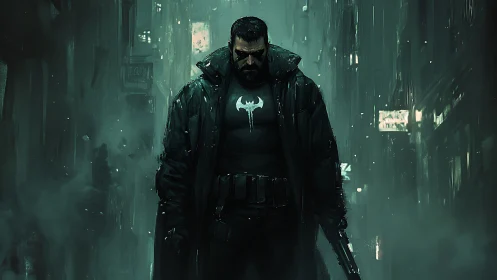 Heavily armed vigilante advances through volumetric fog in alley