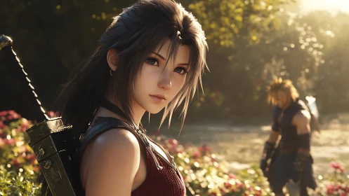 Sunlit swordswoman pausing in a quiet garden moment.