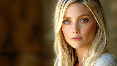 Blonde portrait with soft bokeh and natural window lighting.