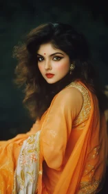 Portrait of woman in orange sari with cinematic soft focus.