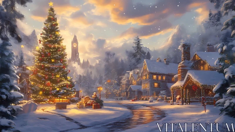 Snow covered village street with decorated Christmas tree.