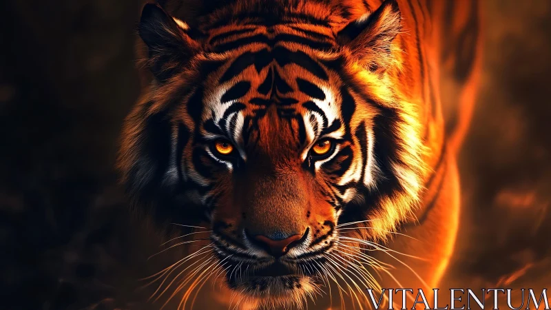 Predatory tiger portrait in molten amber rim lighting.