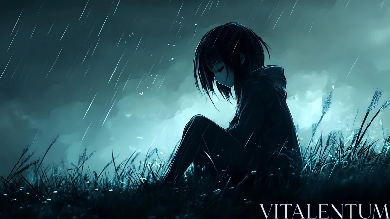 Melancholic anime figure in teal backlit night rain scene.