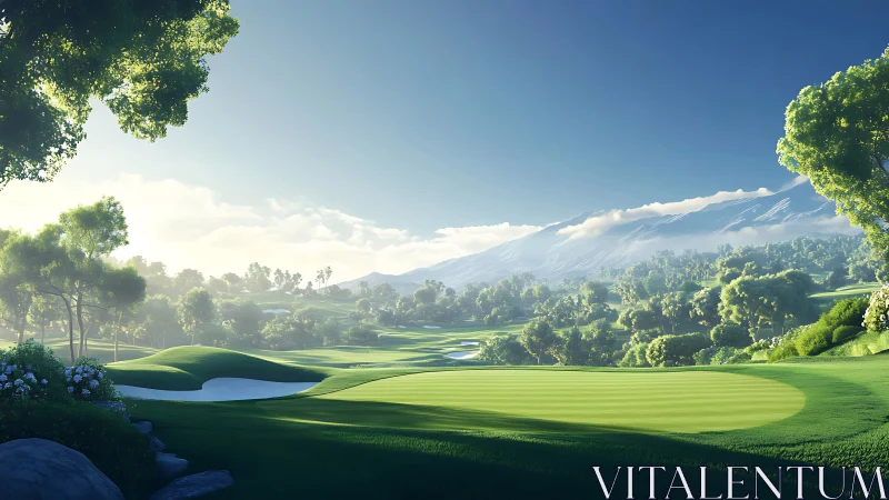 Sunlit fairway drifts toward misty mountains and soft clouds