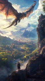 Dragon over fantasy valley with lone adventurer viewpoint.