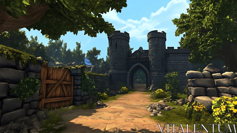 Medieval stone castle gate on sunny forest path scene.