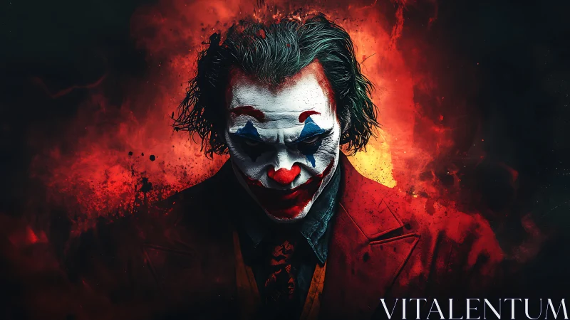 Clown masked figure in red suit against fiery dark backdrop.