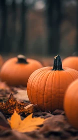 Autumn pumpkin rests among fallen leaves in soft woodland light.