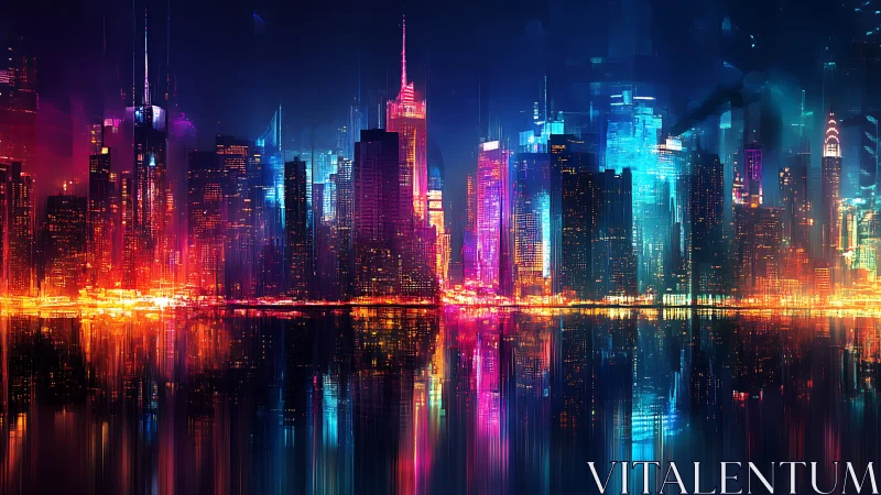 Neon skyline burns across reflective cyberpunk waterfront.