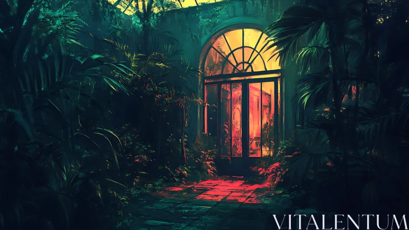 Glowing greenhouse doorway spills warm light into shadowed jungle