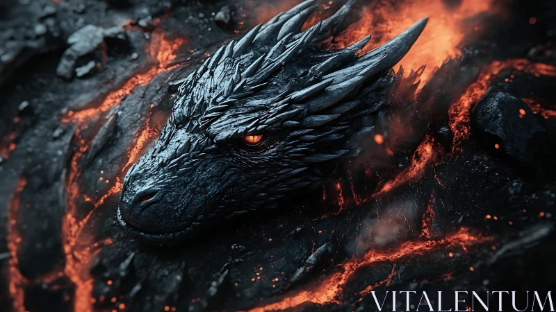 Dragon head emerges from molten rock with blazing embers