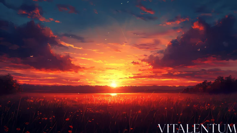 Golden sunset over a quiet field of glowing wildflowers.