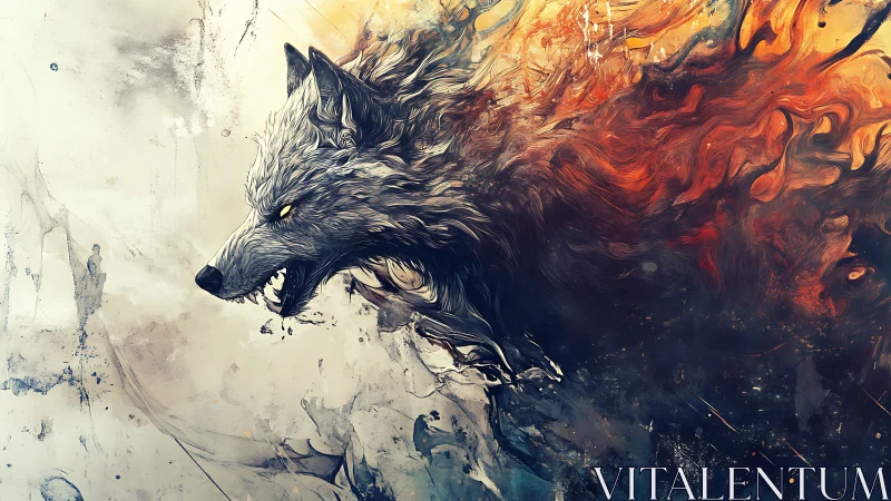 Fierce spirit wolf erupts from swirling fire and ice chaos