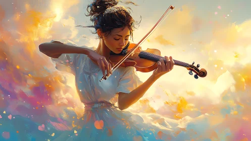 Young violinist bathing the sky in soft golden music.