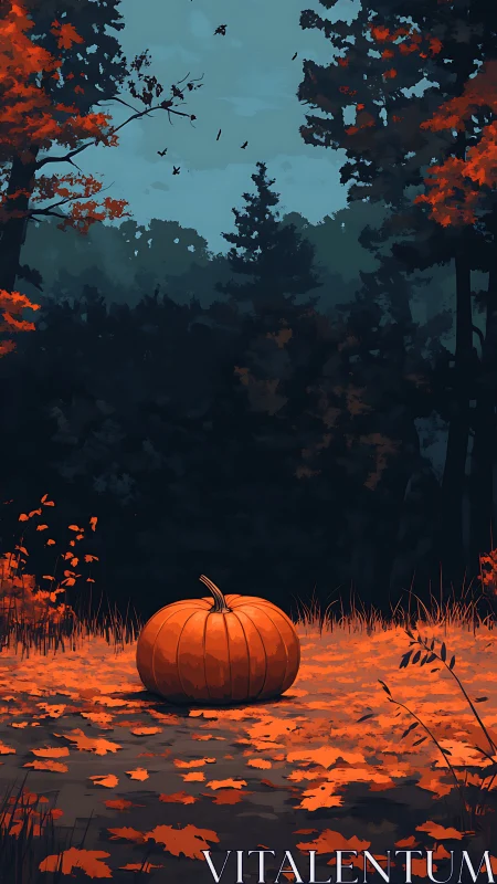 Single pumpkin resting on orange leaf covered forest floor.