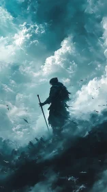 Lone cloaked warrior stands beneath towering storm clouds