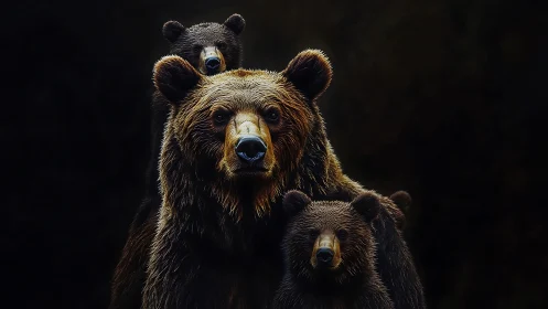 Photorealistic brown bear family portrait in low-key lighting.